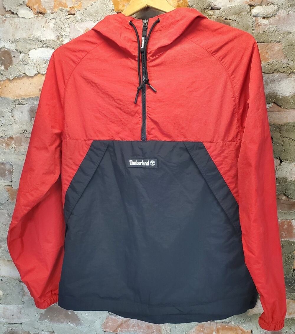 Timberland Mens Windbreaker Pullover Hoodie Small Red Black Colorblock 1/4 Zip